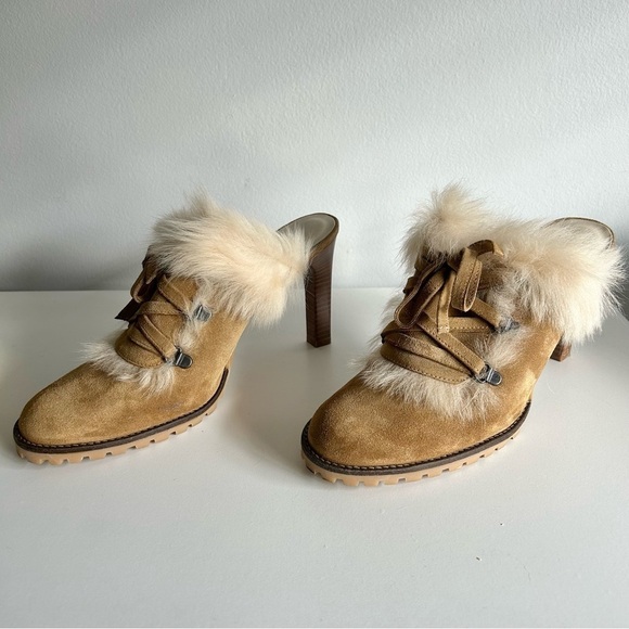 Coach Shoes Kristy Suede Leather Fur Heel Booties Tan Lace-up Size 9B NWOT - Picture 8 of 10